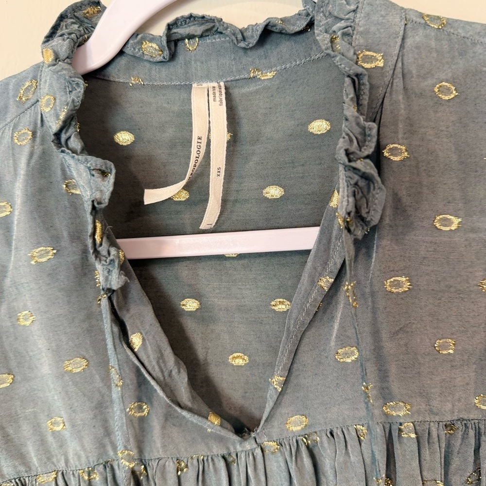 Anthropologie Ruffled Peasant Blouse Gold and Slate Blue Blouse Size XXS - Picture 6 of 11